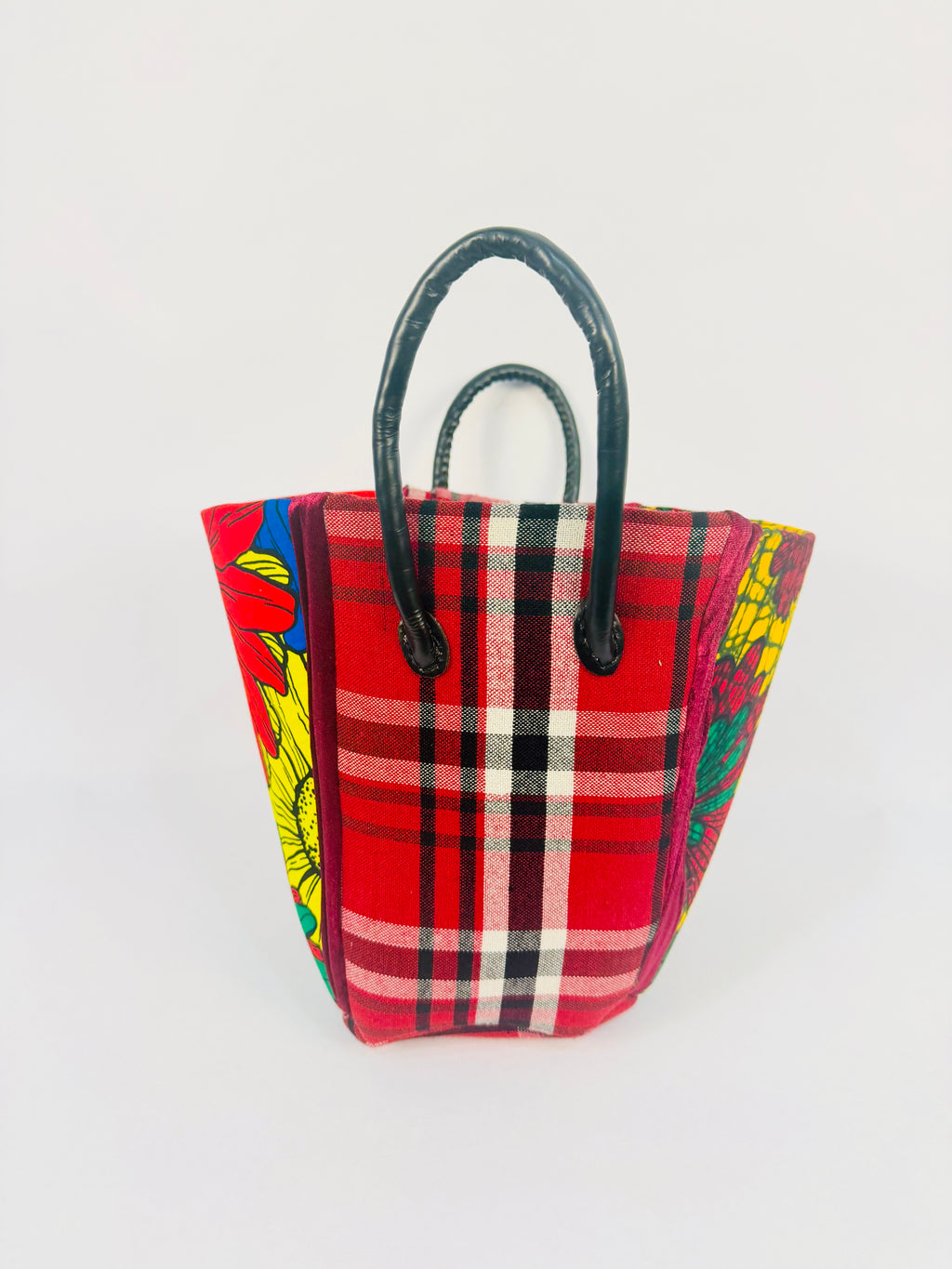 Plaid patterned bag with colorful accents 